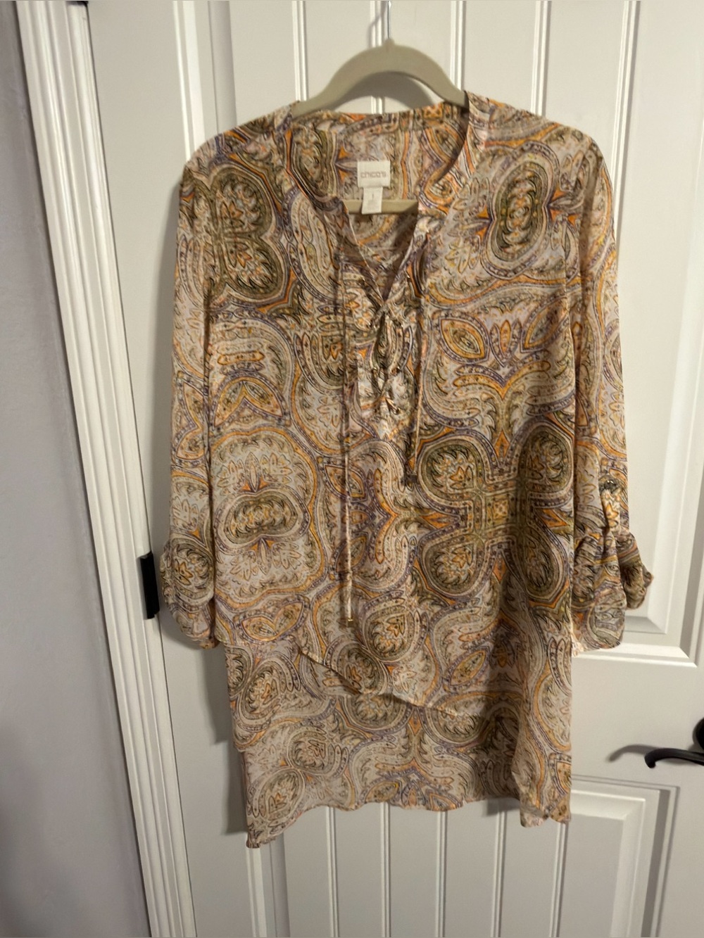 Chico's Long Sleeve Semi-Sheer High-Low Chiffon Blouse w/Lace-Up Neckline Size 1